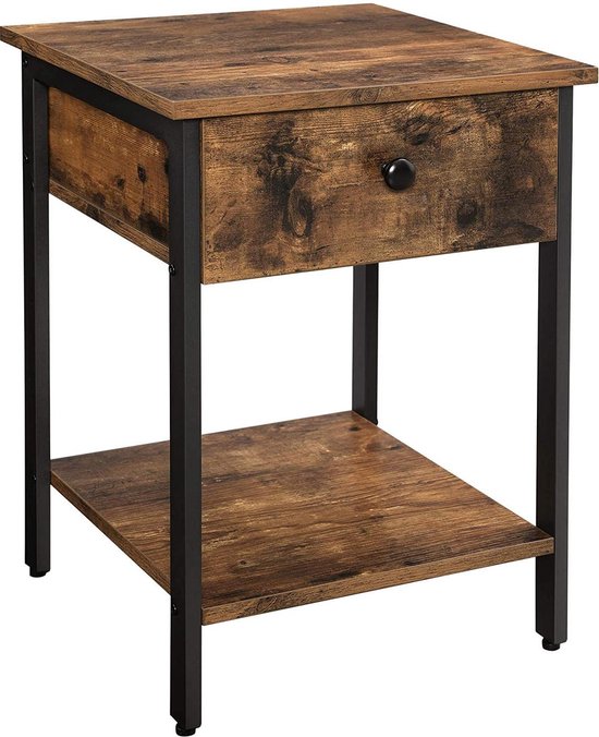 Table de chevet avec tiroir et étagère - Table d'appoint de style industriel - Brun foncé