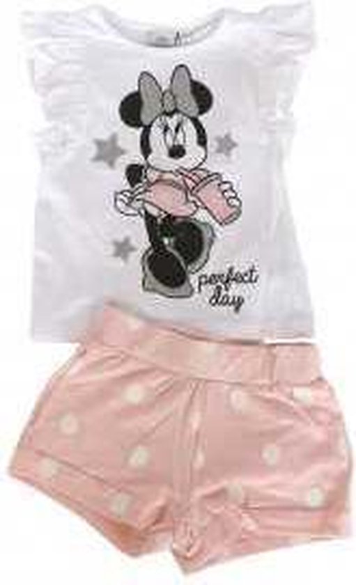 Disney Minnie Mouse 2-delige set - met zilverkleurige  glitterprint - roze/wit - maat 122/128 (8 jaar)