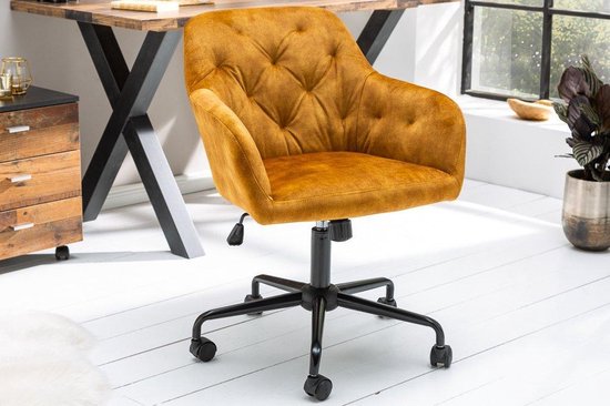 Moderne Design Bureaustoel verstelbaar in hoogte mosterdgeel stof fluweel met doorgestikte stiksels