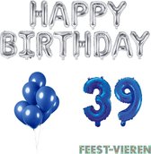 39 jaar Verjaardag Versiering Ballon Pakket Blauw & Zilver
