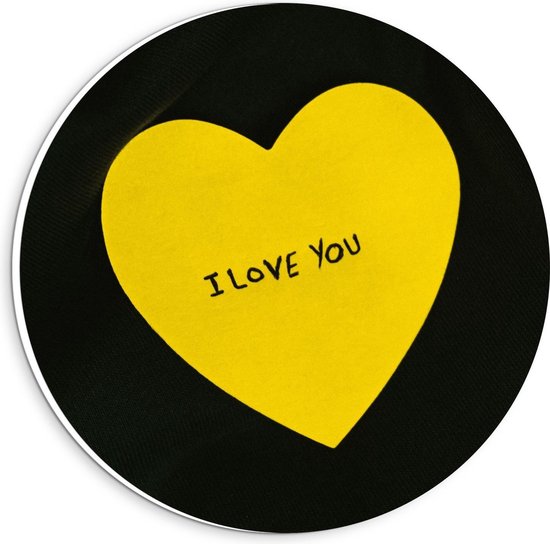 Forex Wandcirkel - ''I Love You'' Geel Hart op Zwarte Achtergrond - 20x20cm Foto op Wandcirkel (met ophangsysteem)