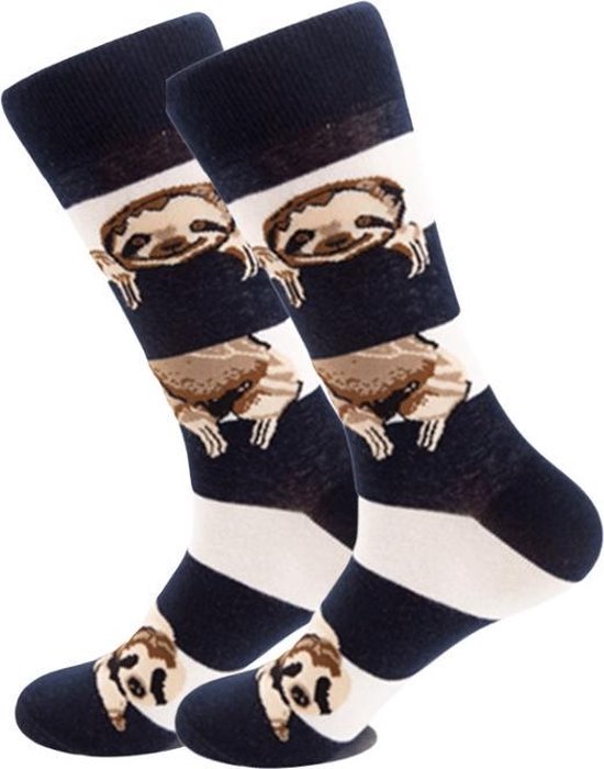 Winkrs | Sokken Heren zwart wit Gestreepte Sokken met Luiaarden | 39-45 Katoen & Elastaan - Grappig cadeau voor mannen en vrouwen