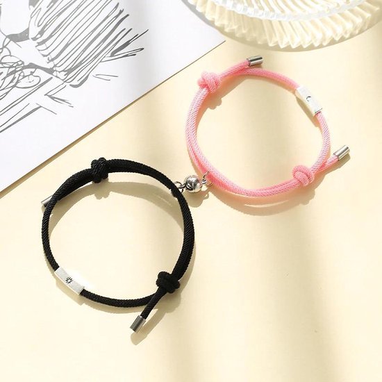 WiseGoods His & Hers Bracelet Set - Bracelet Magnétique - Ajustable - Cadeau Romantique pour Couples - Zwart et Rose