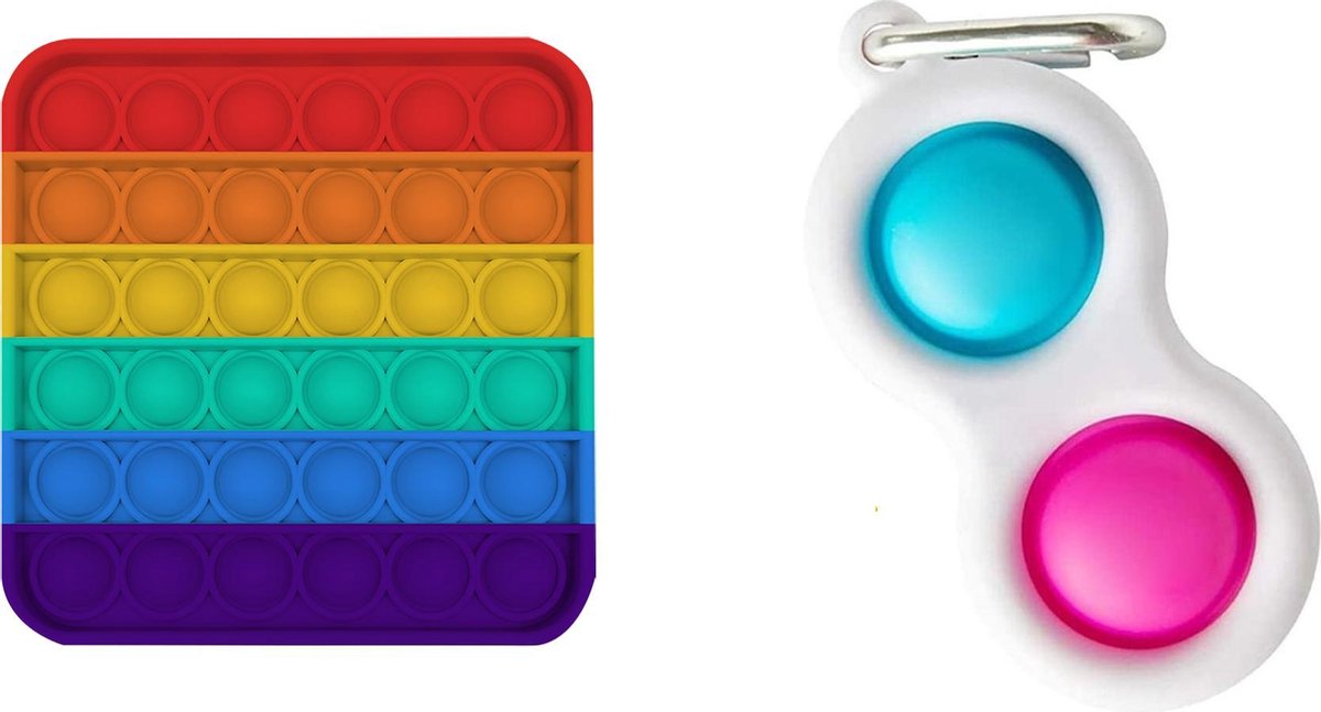 Pop It Fidget Unieke Set: Regenboog Vierkant & Simple Dimple - Fidget Toys - Pop It Fidget Toy - Sleutelhanger - Merkloos