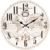 HAES DECO – Ronde Retro Vintage Wandklok – Wijzerplaat met Cijfers en een Wereldkaart – Ronde klok van MDF zonder tikgeluiden – Formaat diameter 34 cm. - WCL0571