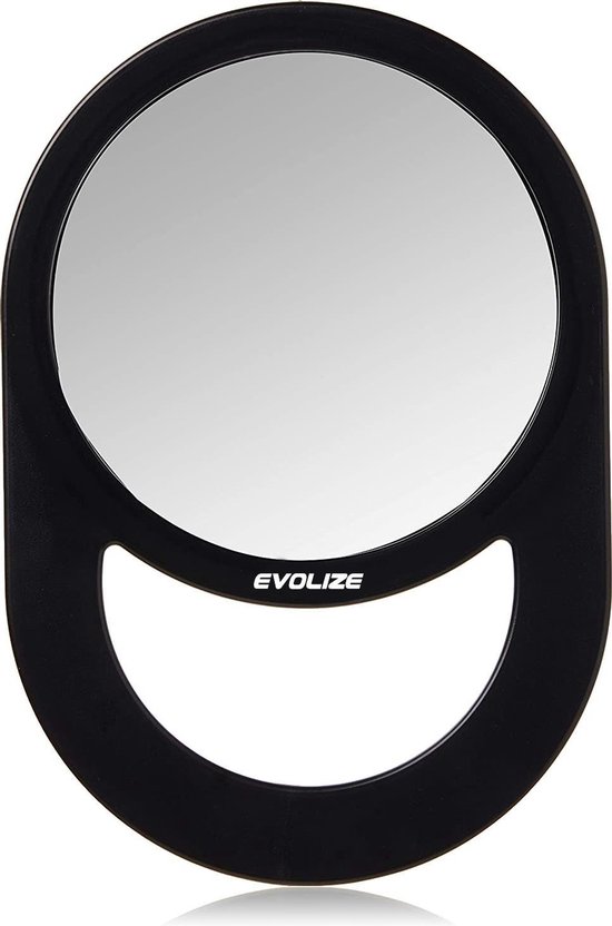 Evolize Onbreekbare Spiegel met Handvat - Ø 16,5 cm - Ophangbaar - Rond - Handspiegel - Kappersspiegel - Reisspiegel - Make up - Afmeting: 28 x 19 cm - Zwart