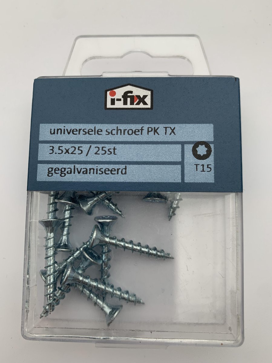 Houtschroef. 3.5x25mm. lang. Platkop-Torx-T-10. Verzinkt. 25 stuks Spaanplaatschroeven. Ifix.