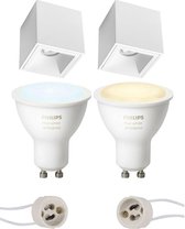 Pragmi Cliron Pro - Opbouw Vierkant - Mat Wit - Verdiept - 90mm - Philips Hue - Opbouwspot Set GU10 - White Ambiance - Bluetooth - BES LED