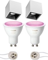 Pragmi Cliron Pro - Opbouw Vierkant - Mat Wit/Zwart - Verdiept - 90mm - Philips Hue - Opbouwspot Set GU10 - White and Color Ambiance - Bluetooth - BSE