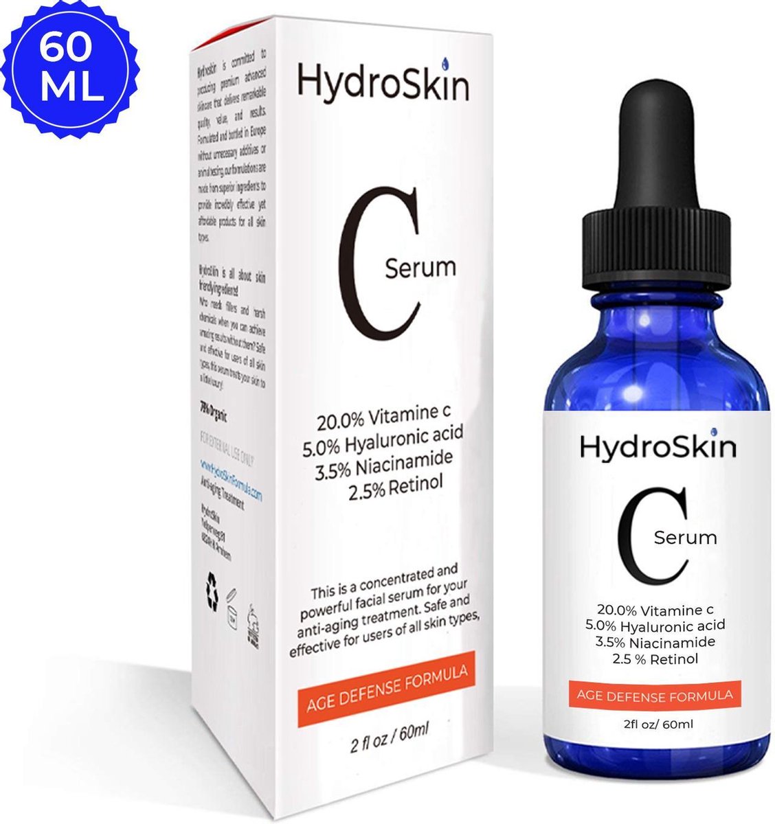 HydroSkin Vitamine C Serum - 2.5% Retinol serum - 3.5% Niacinamide - Gezichtsverzorging - Anti-Rimpel - Collageen - 60 ML - HydroSkin