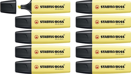 Tien gele Stabilo Boss markeerstiften, elk met een zwarte dop en met het Stabilo-logo.