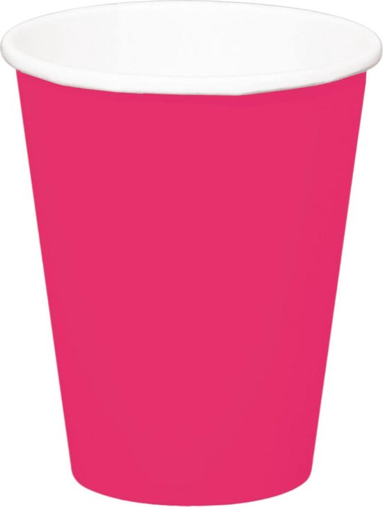 32x stuks drinkbekers van papier fuchsia roze 350 ml - Uni kleuren thema voor verjaardag of feestje