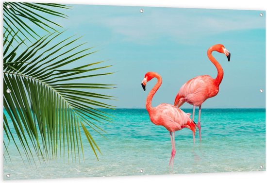 Tuinposter – Twee Flamingo's in Zee met Palmblad - 150x100cm Foto op Tuinposter  (wanddecoratie voor buiten en binnen)