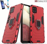 Samsung Galaxy A12 Robuust Kickstand Shockproof Rood Cover Case Hoesje - 1 x Tempered Glass Screenprotector ATBL