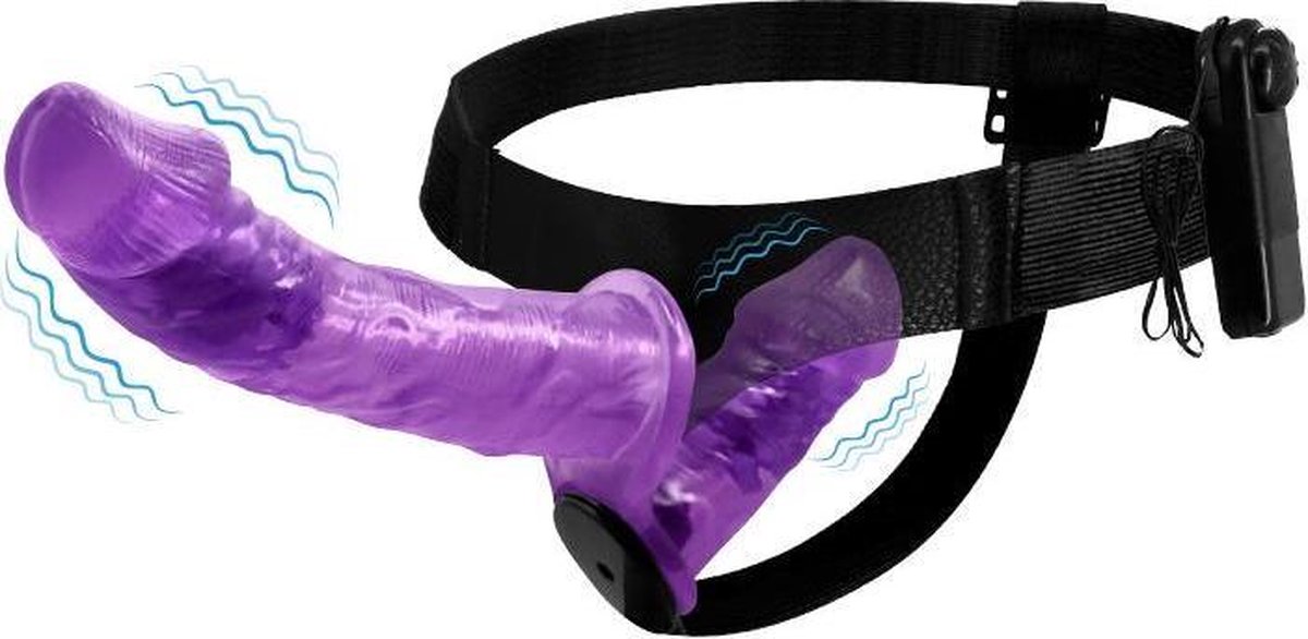 Goedkoopste Harness Double Dildo with Vibration Purple
