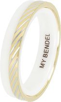 My Bendel - Dames ring wit met goud streep motief - Exclusieve 4 mm brede duo-ring van wit keramiek met gold plated streepmotief - Met luxe cadeauverpakking