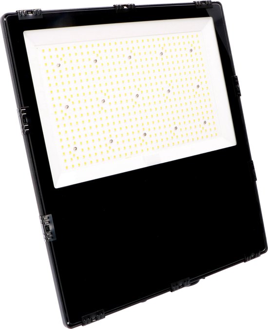 Zwarte LED schijnwerper met verlicht wit paneel en 180 LED's.
