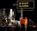 Shotglaasje met nummer 36, gevuld met drank. Roulette wiel en dobbelstenen op achtergrond. Tekst: 16 shot glazen.