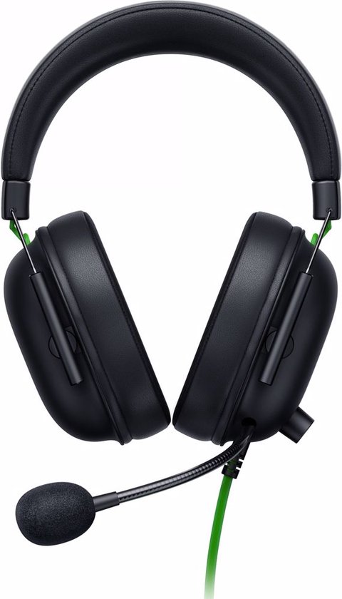 Zwarte Razer gaming headset met groene details, op een witte achtergrond.