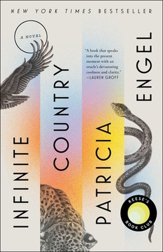 Boekomslag van 'Infinite Country' met een adelaar, jaguar en slang tegen een kleurenpalet. New York Times Bestseller.