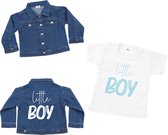 Spijkerjas jongens 12/18 mnd-Spijkerjack met bijpassend shirt-little boy-blauw-wit-lichtblauw-shirt maat 86