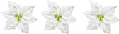 4x stuks decoratie bloemen kerststerren wit glitter op clip 20 cm - Decoratiebloemen/kerstboomversiering/kerstversiering