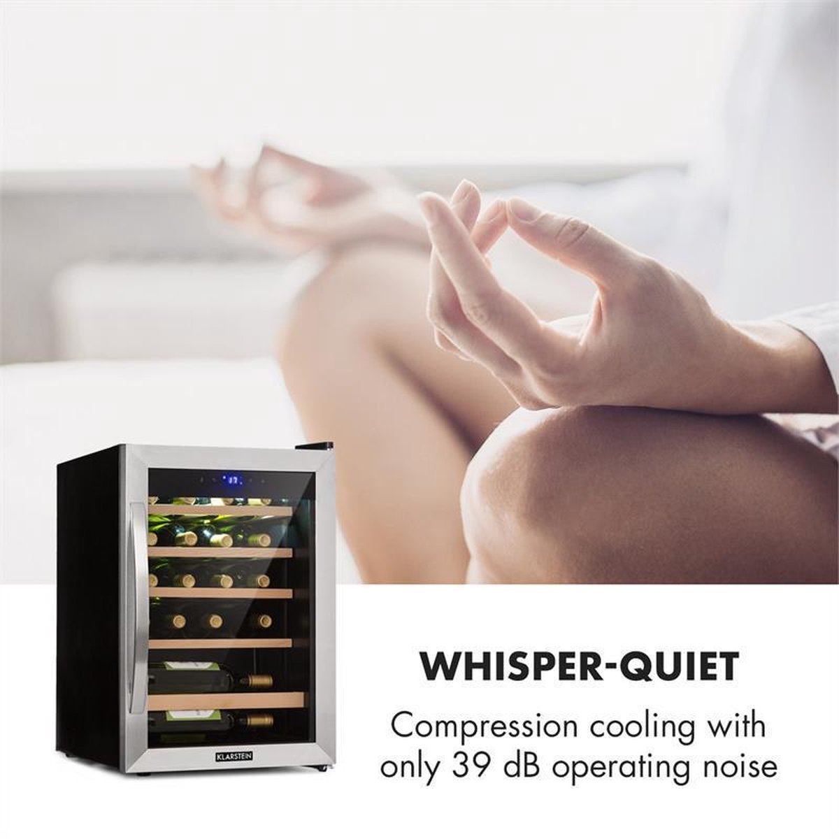 Klarstein Wijnkoeler Vinamour 19 Uno Wijnkoelkast 19 fl./65 l 4-18°C 40 dB glas - 62L 48 cm - voor Wijnliefhebber voor Bar - Glazen Deur Touch Houten Schappen - RVS - Display - Wijnklimaatkast - Wijnkast - Wine Cooler - Wine Fridge – foto 6