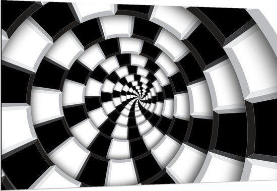 Dibond - Zwart Wit Optische Illusie Blokjes - 150x100cm Foto op Aluminium (Met Ophangsysteem)