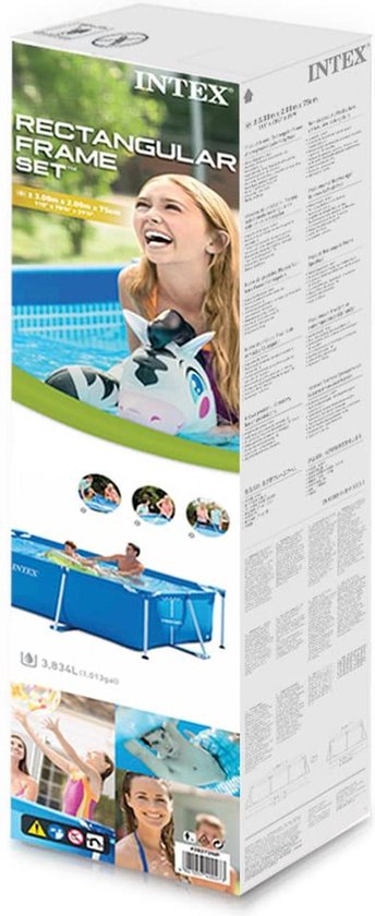 Doos van een Intex rechthoekig frame zwembad, met afbeeldingen van kinderen die spelen en afmetingen.