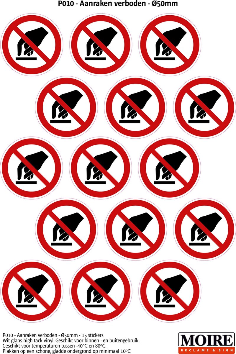 Pictogram sticker 75 stuks P010 - Aanraken verboden - 50 x 50mm - 15 stickers op 1 vel