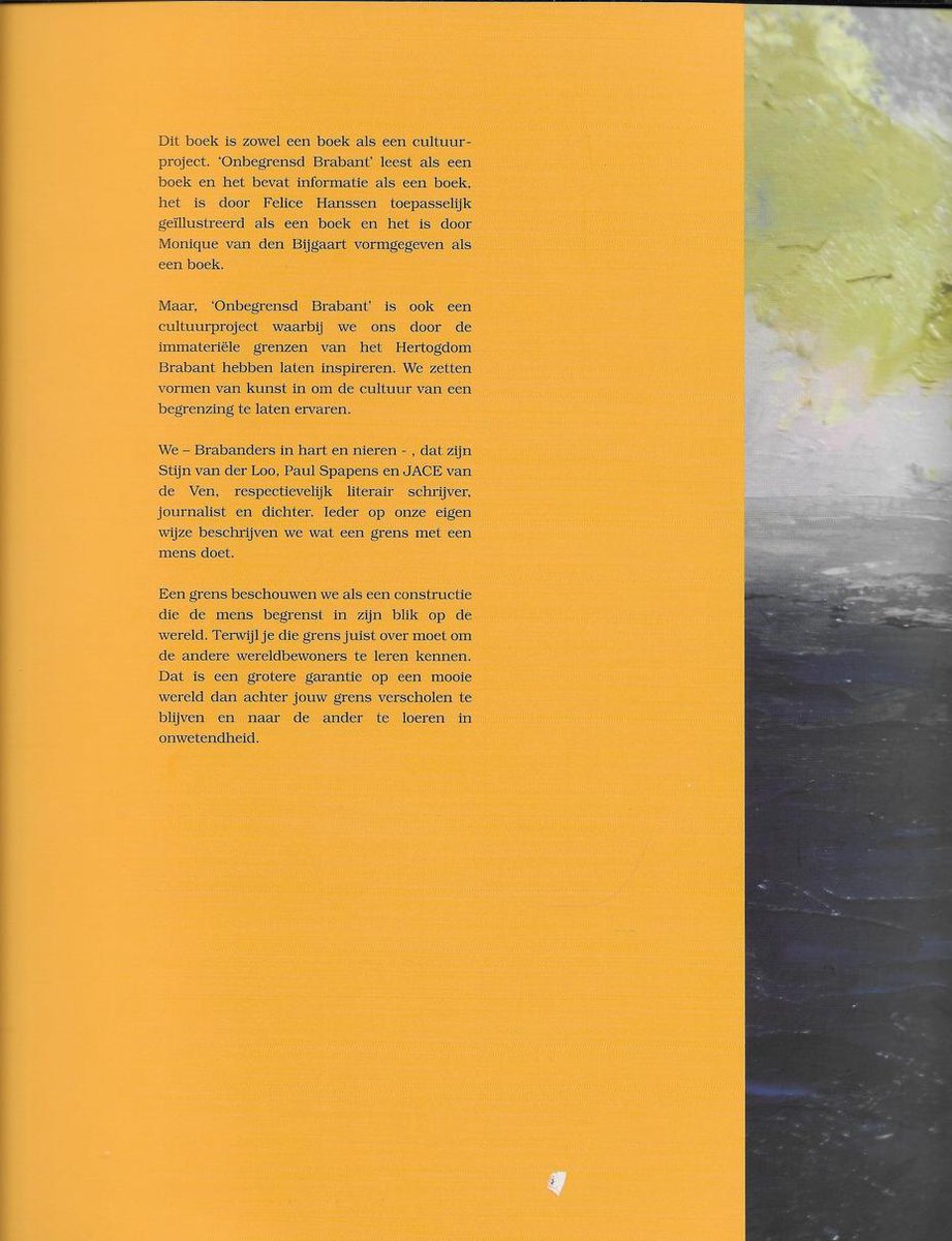 Tekstpagina met gele en groene accenten. Beschrijft het boek 'Onbegrensd Brabant'.