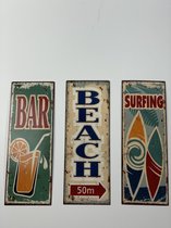Vrolijke set van 3 metalen wandborden "bar-beach-surfing"