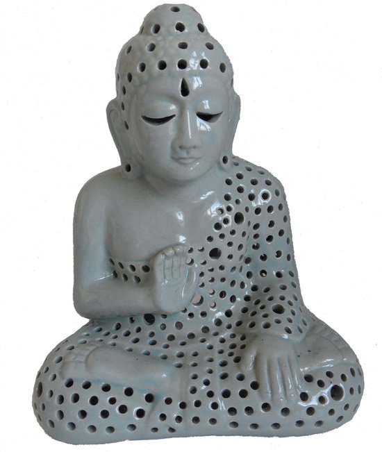 boeddha beeld waxinelicht, sfeerlicht, hoogte 26 cm lengte 20 cm breedte 15 cm kleuren grijs groenblauw.