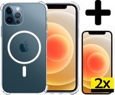Hoesje Geschikt voor iPhone 12 Pro Max Hoesje Geschikt voor Magsafe Siliconen Shock Proof Case Met 2x Screenprotector - Transparant