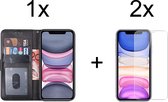 iPhone 12 hoesje bookcase zwart wallet case portemonnee hoes cover hoesjes - 2x iPhone 12 screenprotector