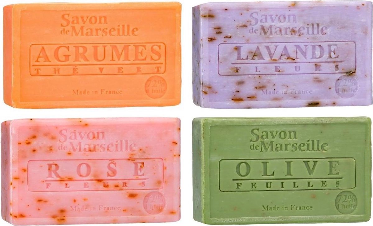 Set Marseille zeep 4 x 100 gram in geuren citrus-lavendel-rozen-olijven