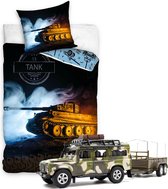 Dekbedovertrek Leger Tank- Army Combat- Logo Tank 13- 1persoons- 140x200- Dekbed Jongens- 100% katoen, incl. Military set , Landrover met aanhangwagen