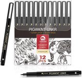 MOBEE- Feutres Fineliner- Zwart-11 pcs + 1 stylo pinceau-Remplacement de Sakura-Waterproof- Pigment Liner-Super Ink-Drawing-Writing-Handletter-Sketching-Calligraphy