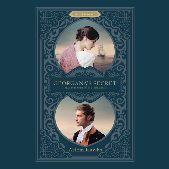 Boekcover van "Georgana's Secret" met een vrouw in een sjaal en een man in historische kledij.