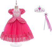 Prinsessenjurk meisje - Roze - Verkleedjurk - maat 92/98 (100) + Kroon - Toverstaf - Verjaardag - Kleed - Cadeau - Speelgoed