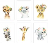 Dierenposter Kinderkamer Set – 6 Jungledieren – A4 posters – Canvas - Babykamer Poster met dieren – Muurdecoratie Babykamer