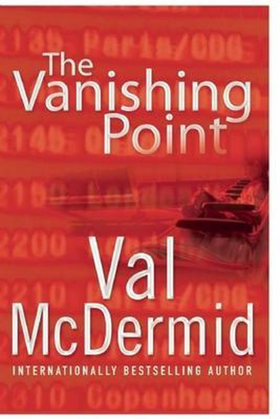 Boekcover van 'The Vanishing Point' van Val McDermid. Rode achtergrond met cijfers en tekst.