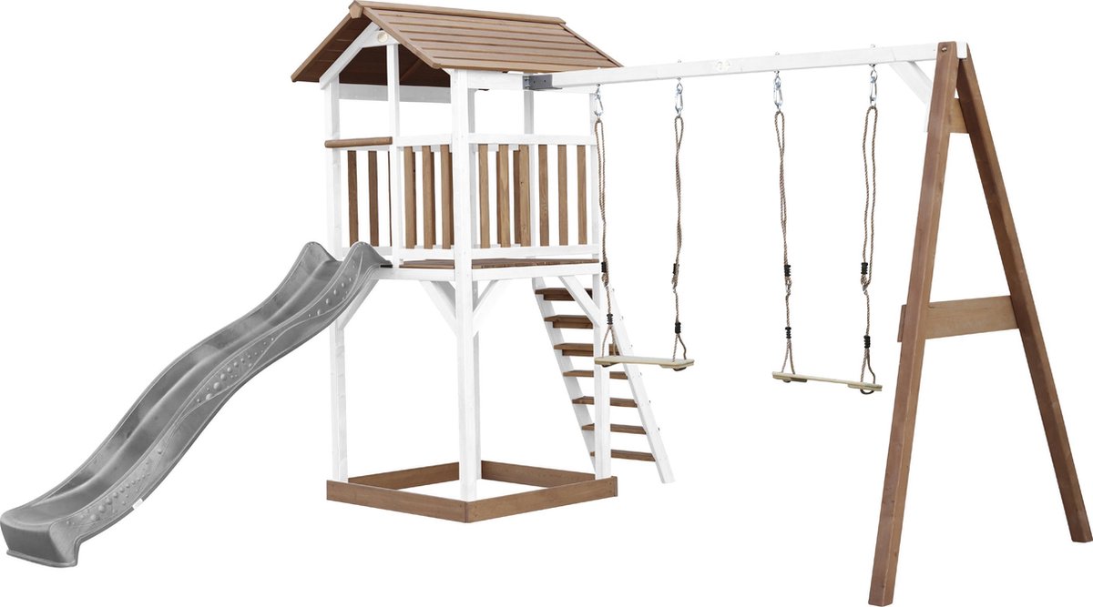 AXI Beach Tower Speeltoestel in Bruin/Wit - Speeltoren met Dubbele Schommel, Grijze Glijbaan en Zandbak - FSC hout - Speelhuis op palen voor de tuin — afbeelding 2