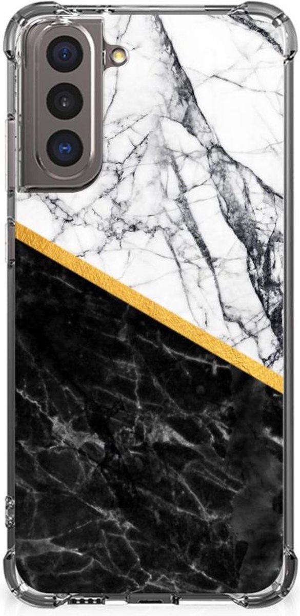 Samsung Galaxy S21 Anti-Shock Hoesje Marmer Wit Zwart - Origineel Cadeau Man