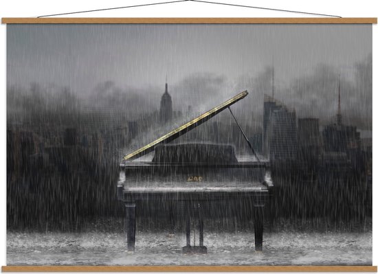 Schoolplaat – Piano met Uitzicht op Gebouwen in de Regen (zwart/wit) - 150x100cm Foto op Textielposter (Wanddecoratie op Schoolplaat)