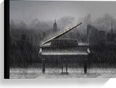 Canvas  - Piano met Uitzicht op Gebouwen in de Regen (zwart/wit) - 40x30cm Foto op Canvas Schilderij (Wanddecoratie op Canvas)
