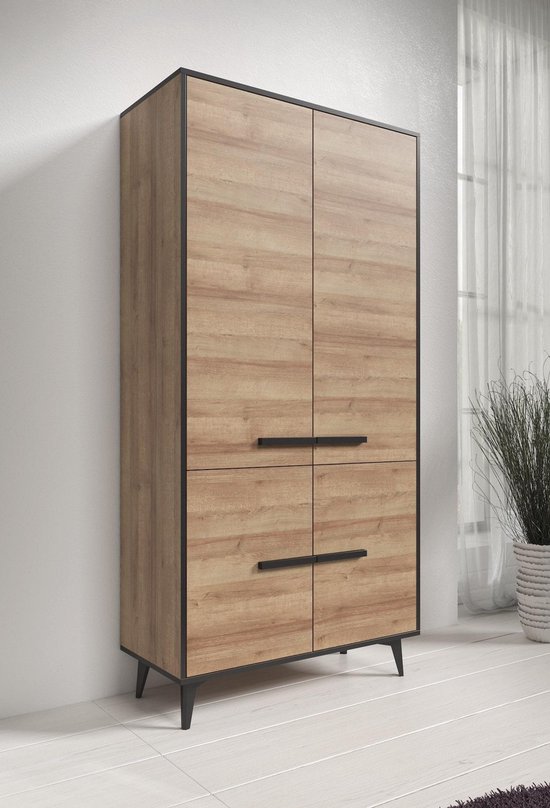 Meubella - Armoire Frey - Chêne clair - Noir - 91 cm