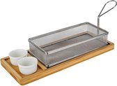 Snackmandje - Grijs - Bamboe Tray - 2 Sauspotjes - 35x13xh12cm - RVS - (set 2)