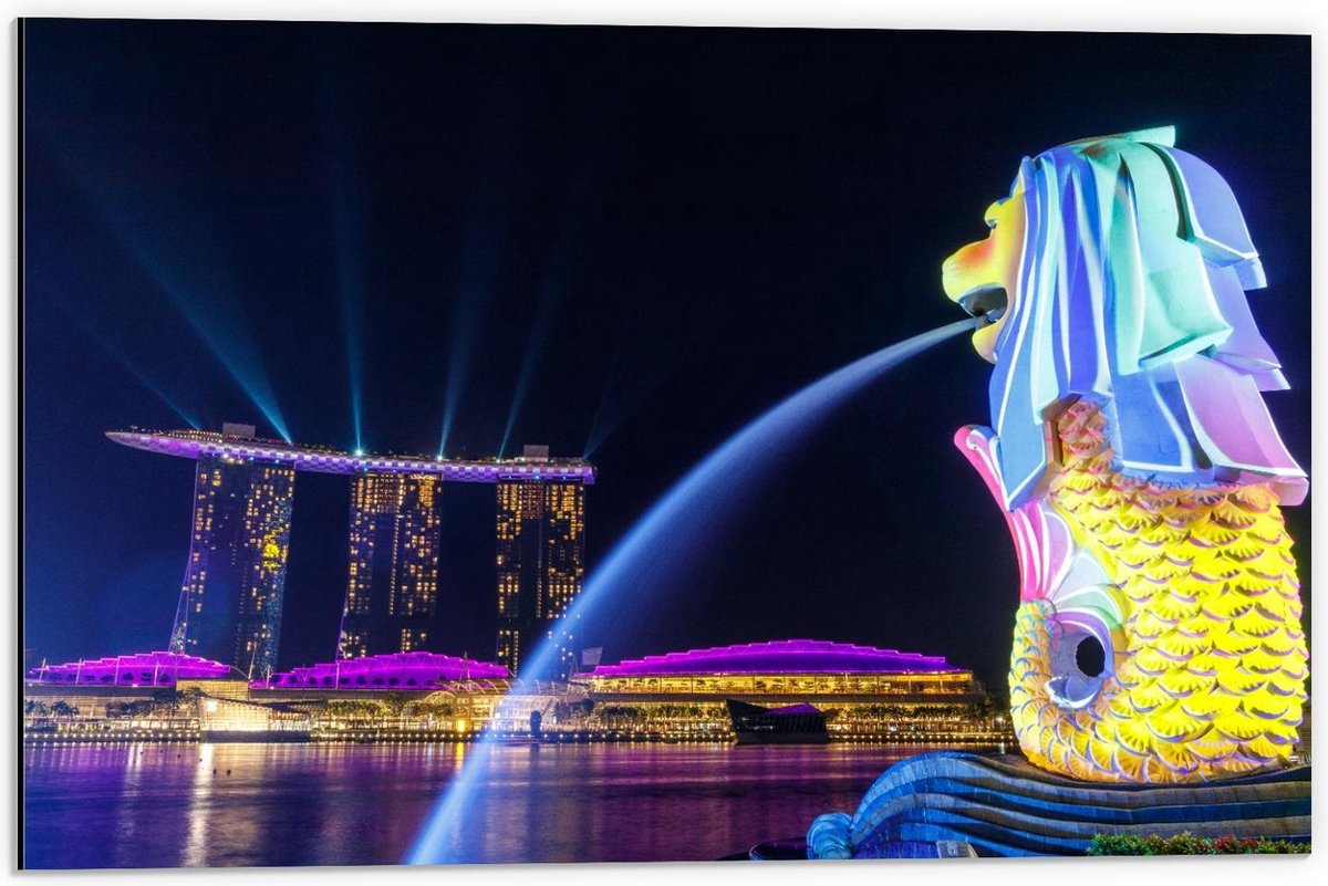 Dibond - Fontein in Merlion Park, Singapore - 60x40cm Foto op Aluminium (Met Ophangsysteem