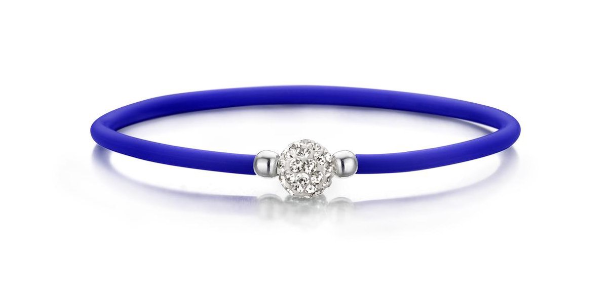 Colori 4-BRA00011 Rubberen armband - Dames - Met Kristallen bal - 8MM - 19CM - Zilver - Donkerblauw